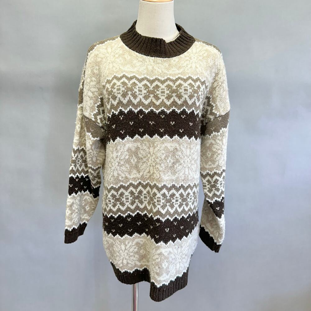 Vintage‎ 90s Basic Editions Brown Fair Isle Mock Neck Sweater Size medium